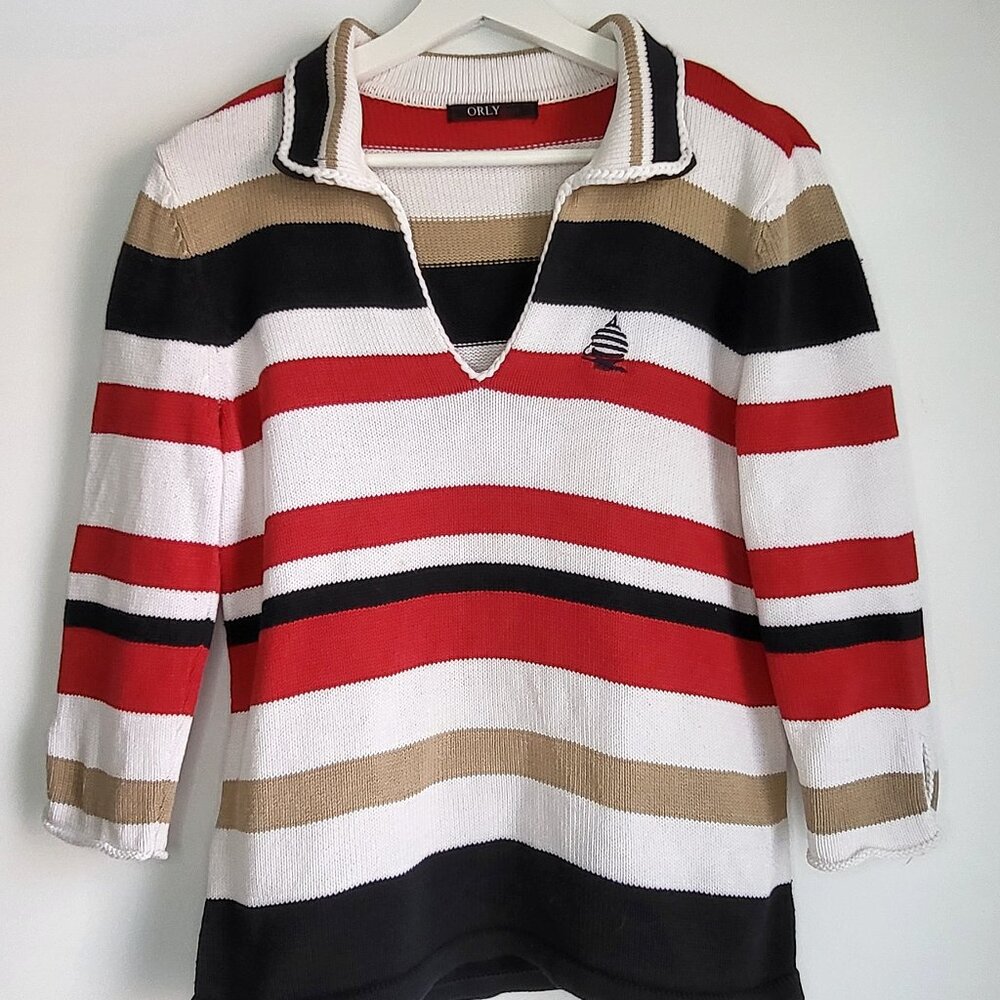 ORLY Sport Striped Nautical Knit Top • Sailboat Embroidery • 90s Vibe